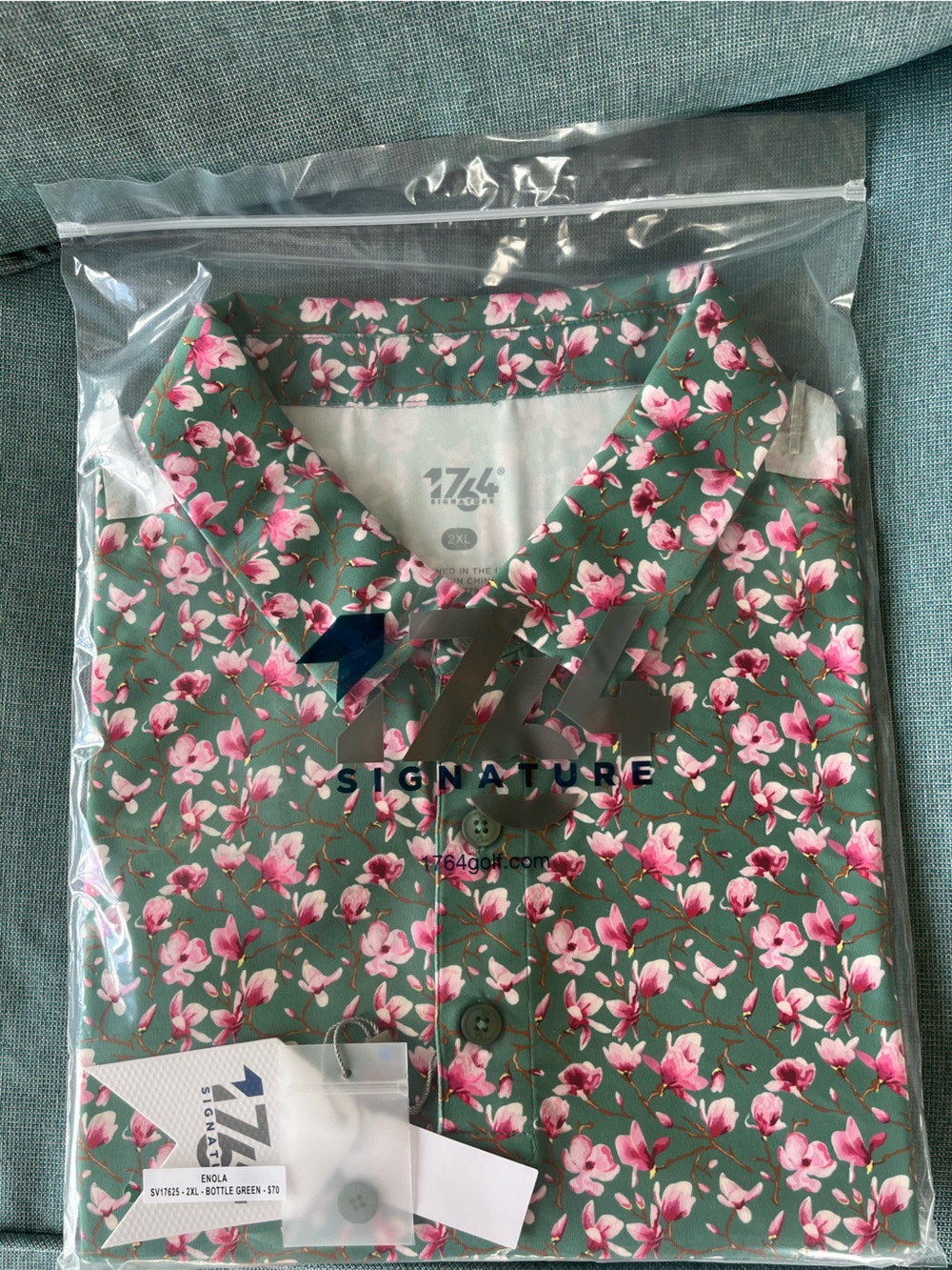 1764 Golf Green Shirt with Pink Floral Print